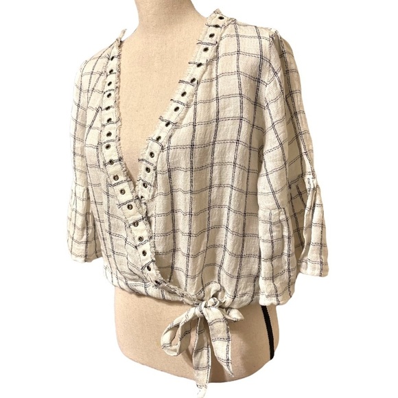 Tularosa Estelle Check Print Crossover Wrap Style Crop Top in Natural - Picture 5 of 13